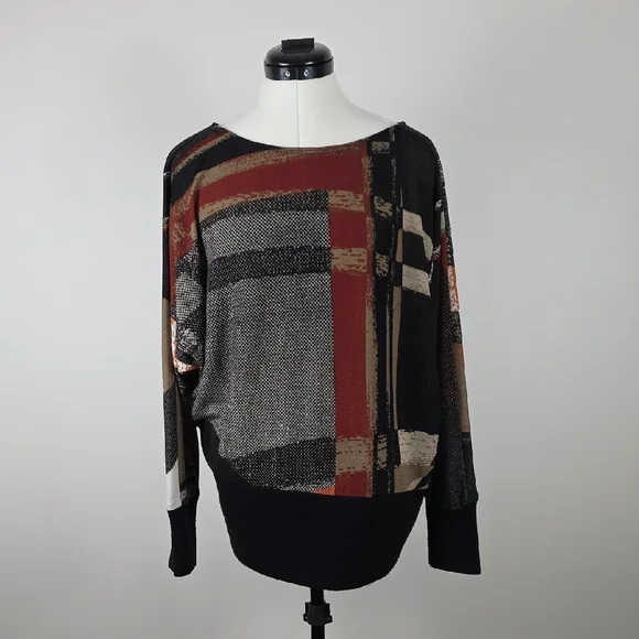 Frank Lyman Montréal Abstract Print Batwing Sleeve Top Black Red Beige Women’s S - Picture 2 of 8